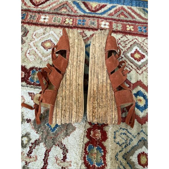 Vintage Free People US 8.5 9 EU 39 Leather Strappy Platform Sandals Cork Heels - Picture 9 of 12